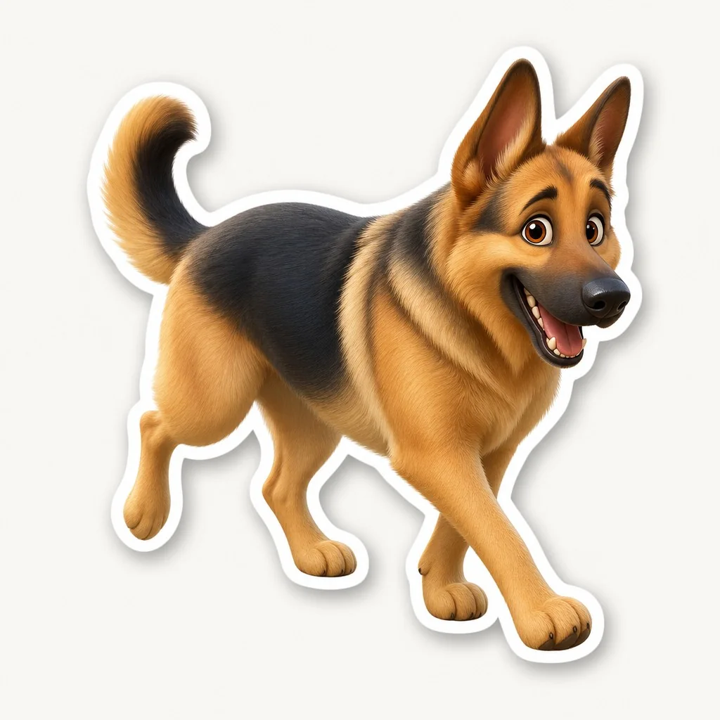 Animated cartoon sticker of a cheerful German Shepherd