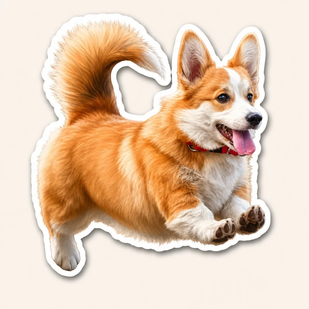 Signature illustrated sticker of a playful corgi