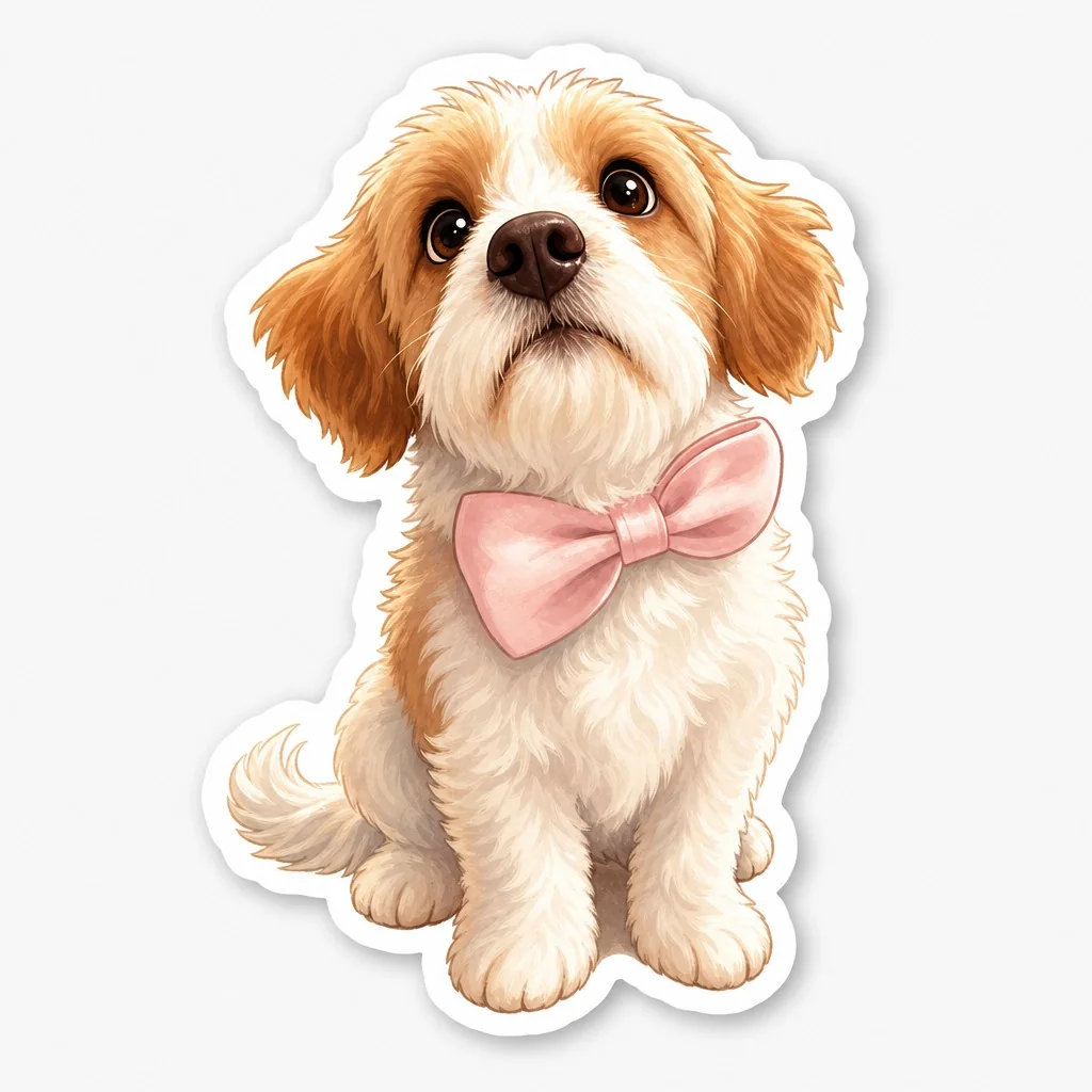 Storybook sticker illustration of a tan-and-white dog with a pink bow
