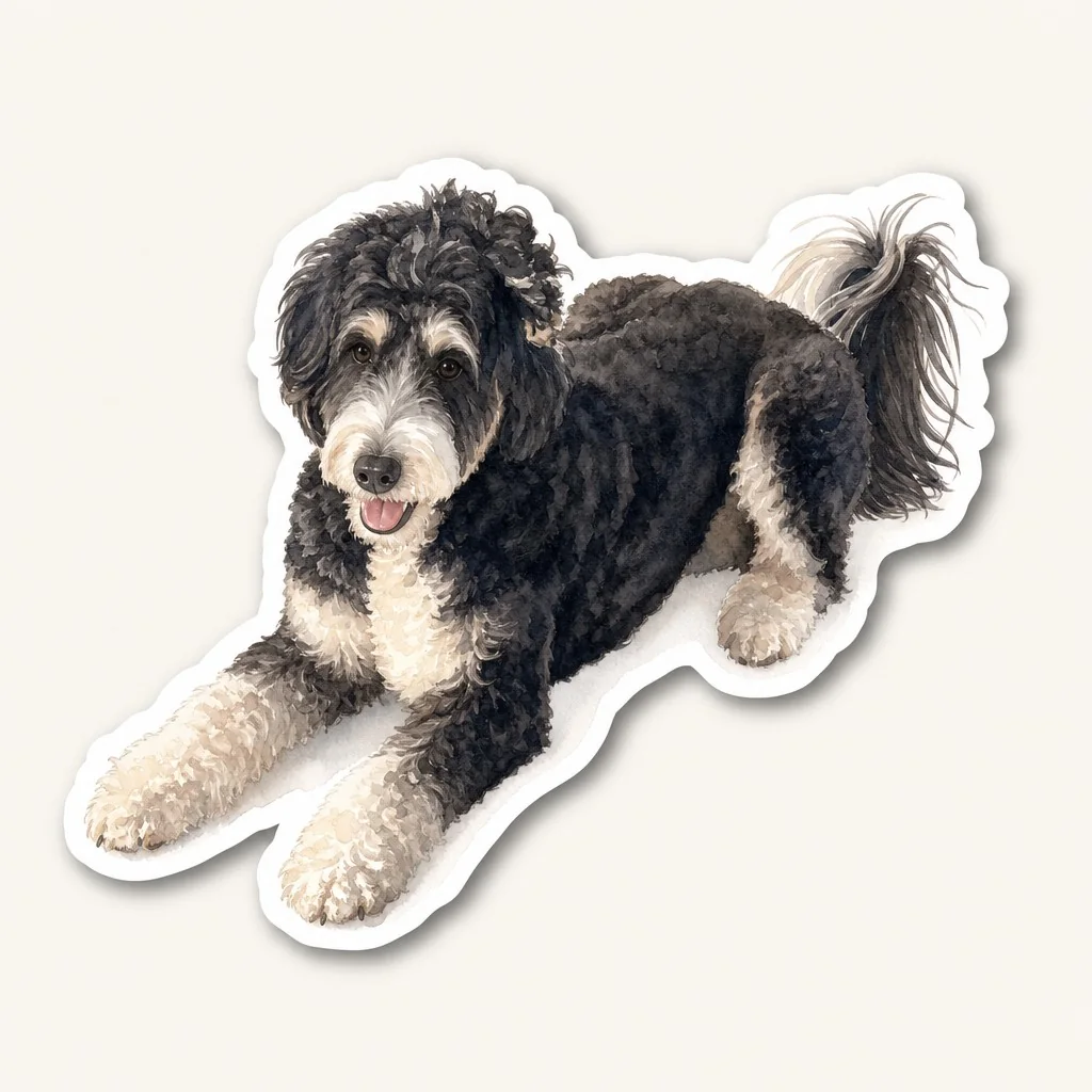 Watercolor sticker painting of a black-and-white doodle